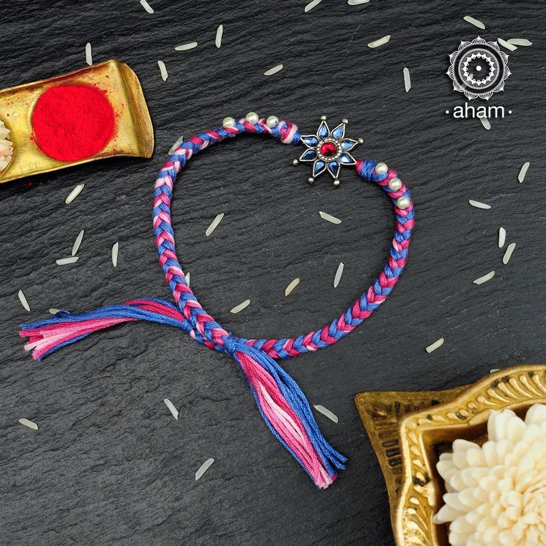 Blue and Pink Flower Silver Rakhi