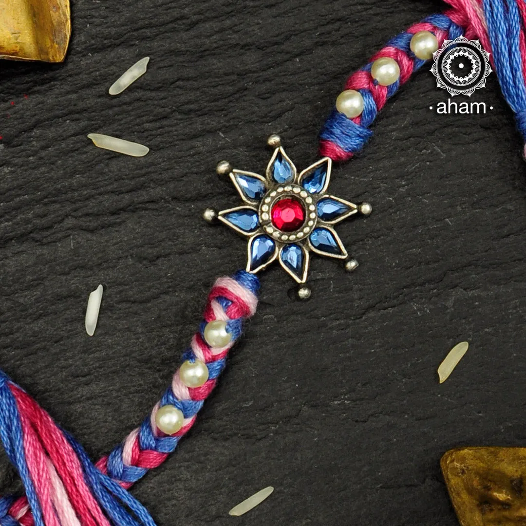 Blue and Pink Flower Silver Rakhi