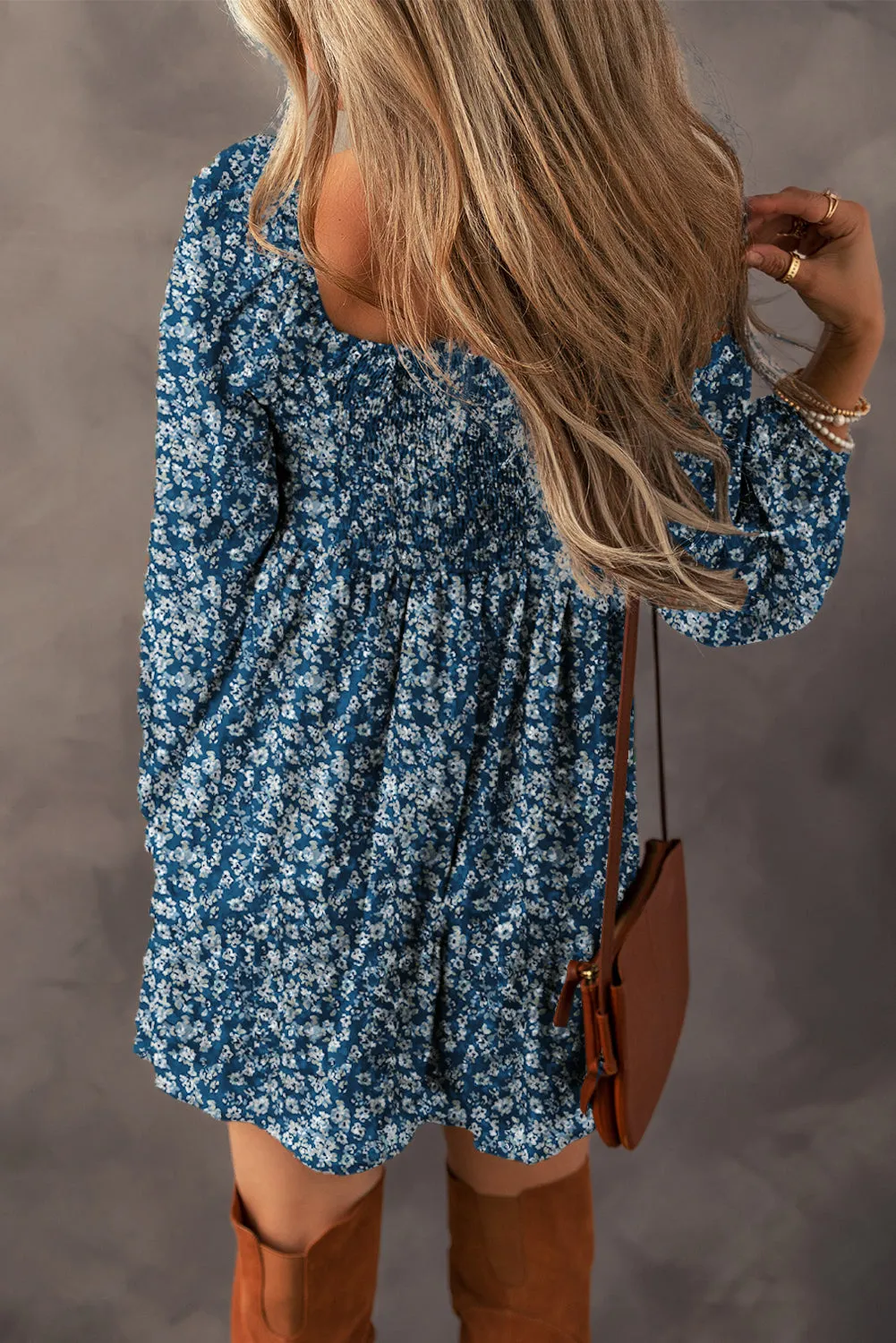 Blue Floral Print Sweetheart Neckline Mini Dress
