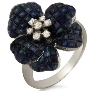 Blue Sapphire & Diamond Floral Ring, 18k White Gold