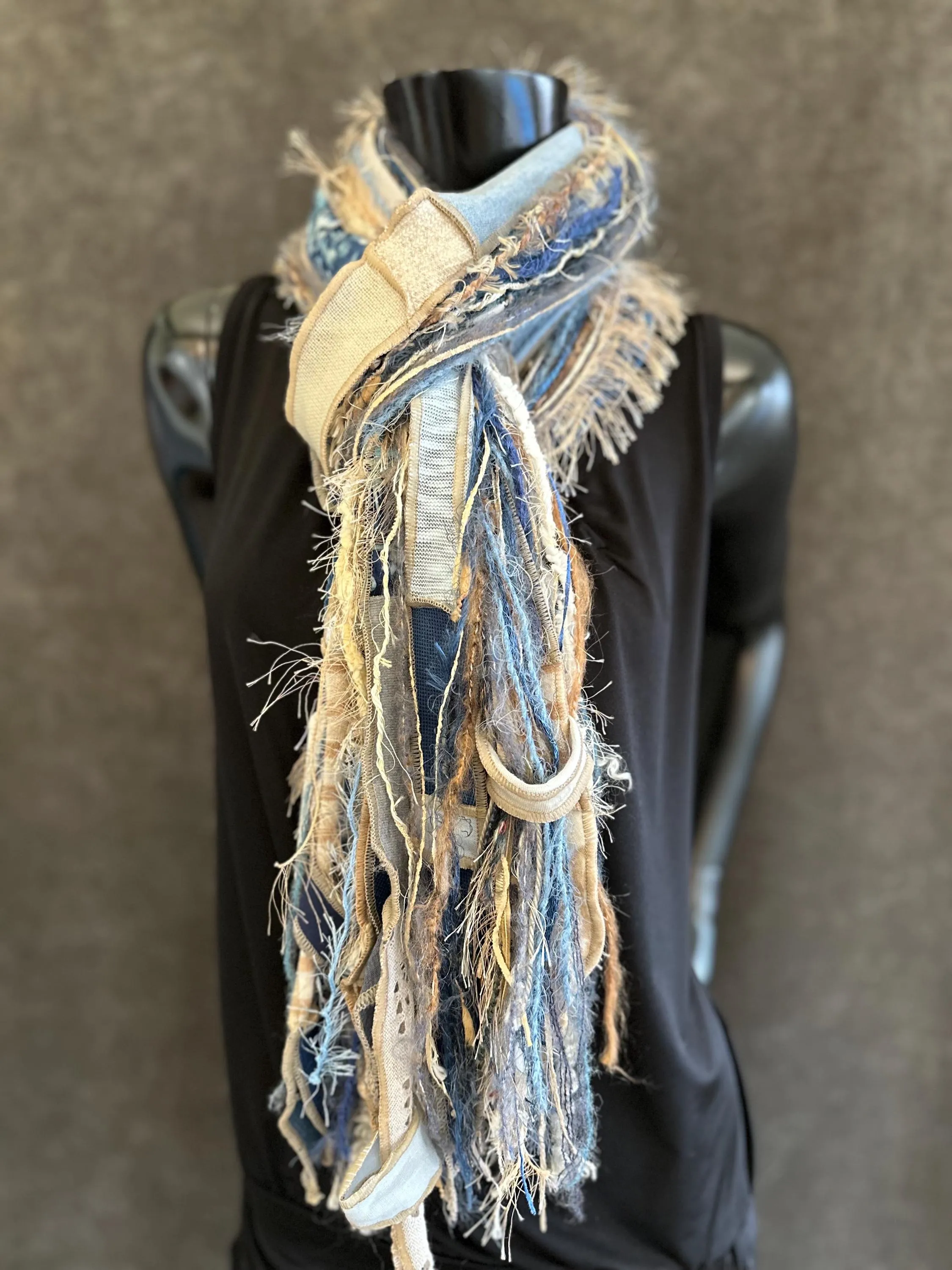 Bohemian handmade long Boho  blue tan cream Scarf, Shreds Fringie yarn scarf, Whimsical fiber fringe scarf, tribal scarves, eco refashion