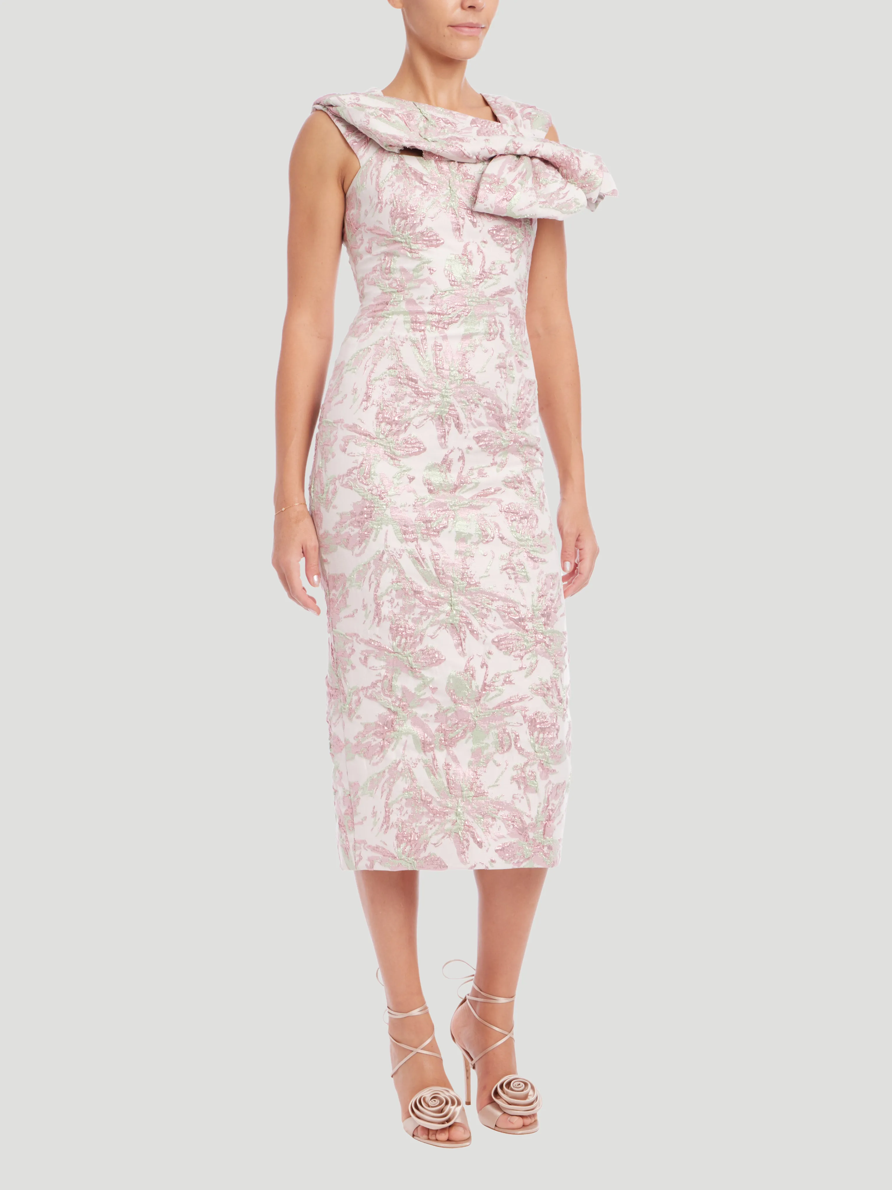 Bow Neck Jacquard Midi Dress