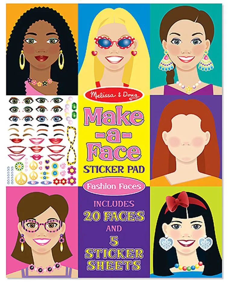 Brand new Melissa & Doug large format Sticker Pad, Make-A-Face! With 250 stickers of pretty features and glamorous accessories and a pad full of models to decorate