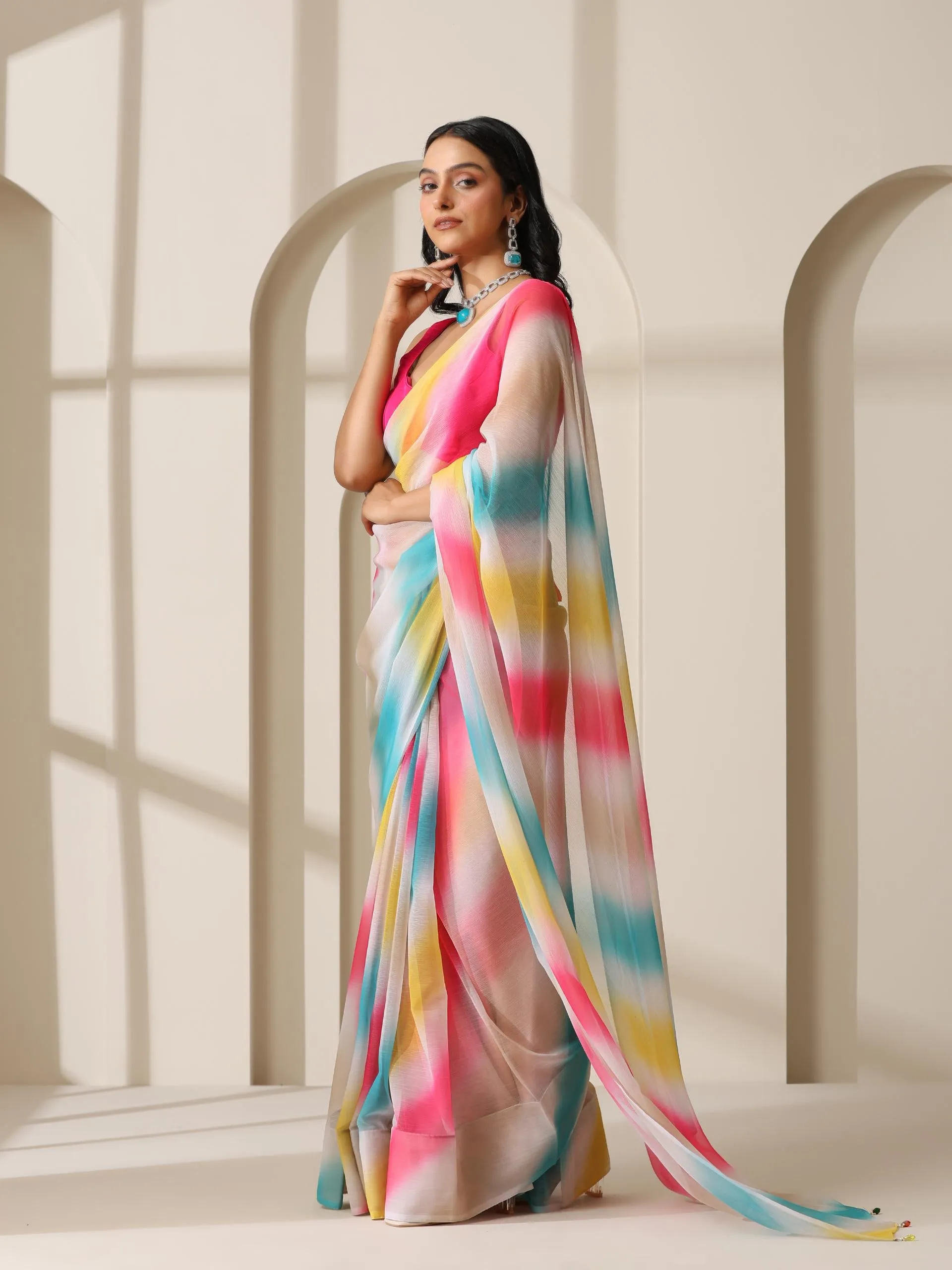 Bubble Gum Dreams Chiffon Saree with Pendants and Fuchsia Blouse Fabric