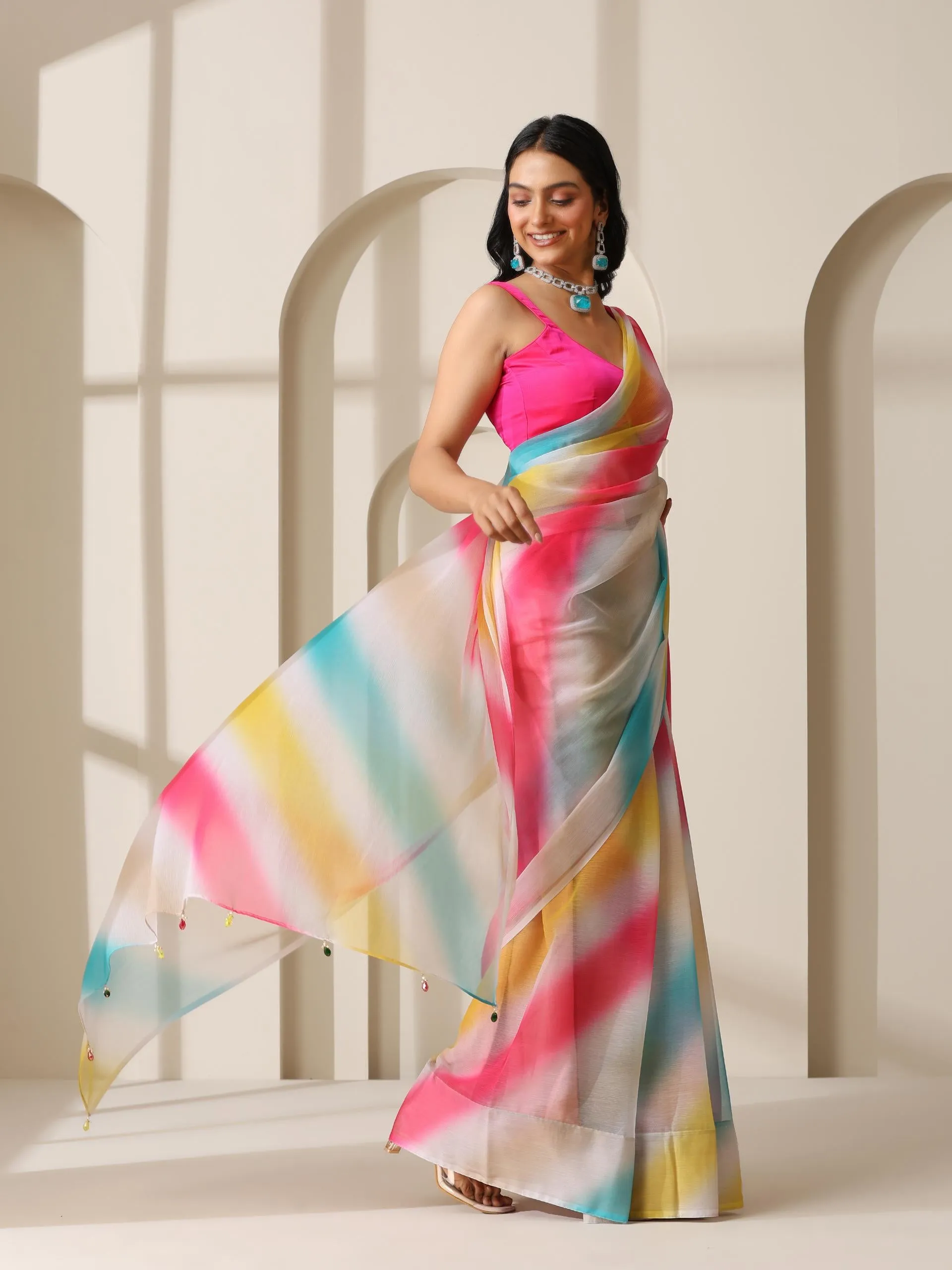 Bubble Gum Dreams Chiffon Saree with Pendants and Fuchsia Blouse Fabric