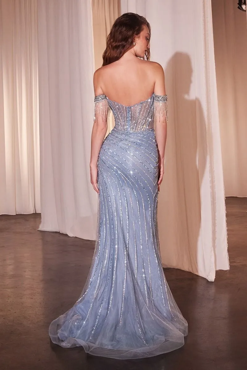 CD CD848 -Fringed Off the Shoulder Fully Embellished Fit & Flare Prom Gown with Sheer Bodice & Leg Slit