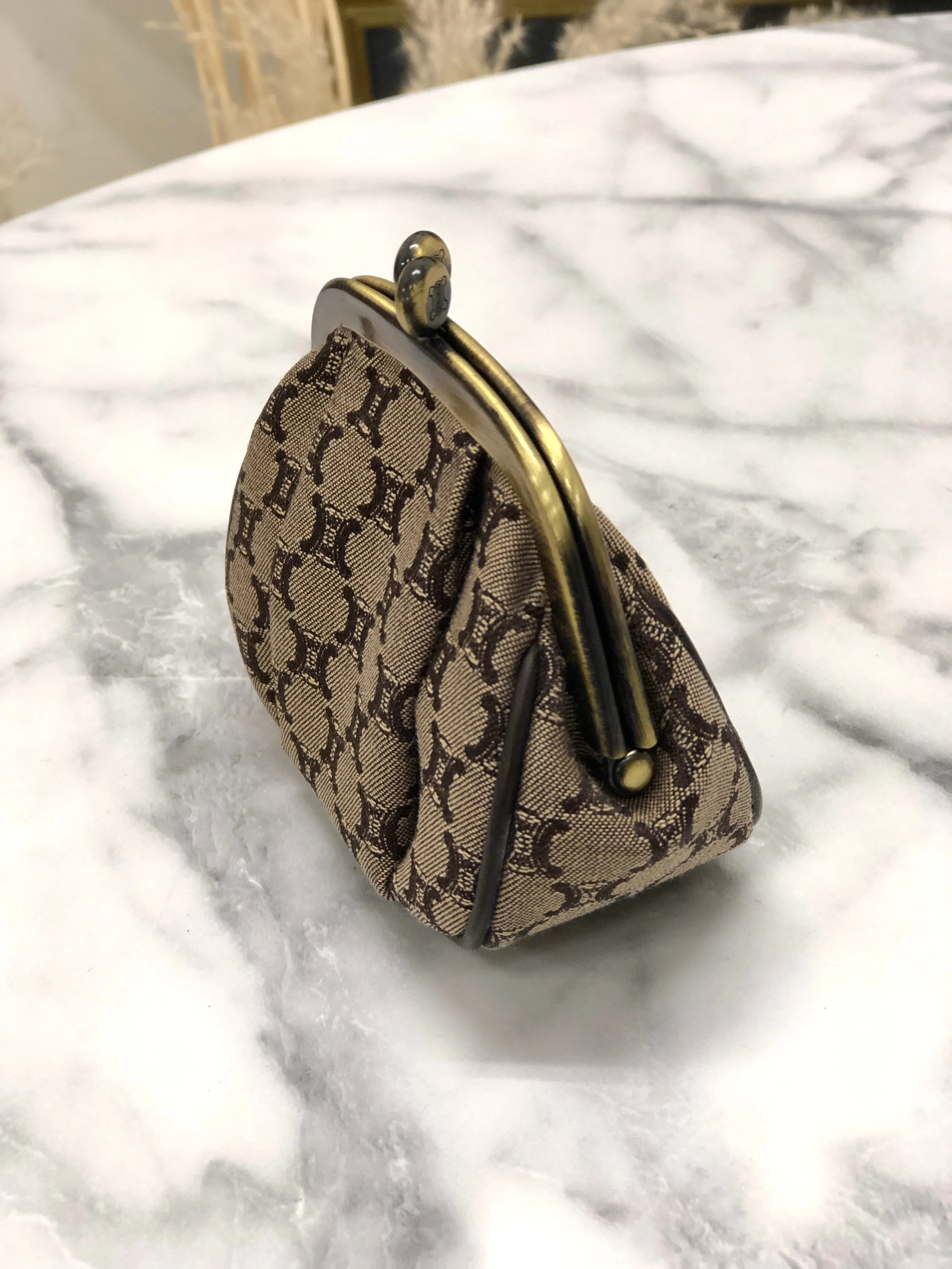 CELINE Blason Metal Clasp Jacquard Coin Purse Brown Vintage fw8fdh