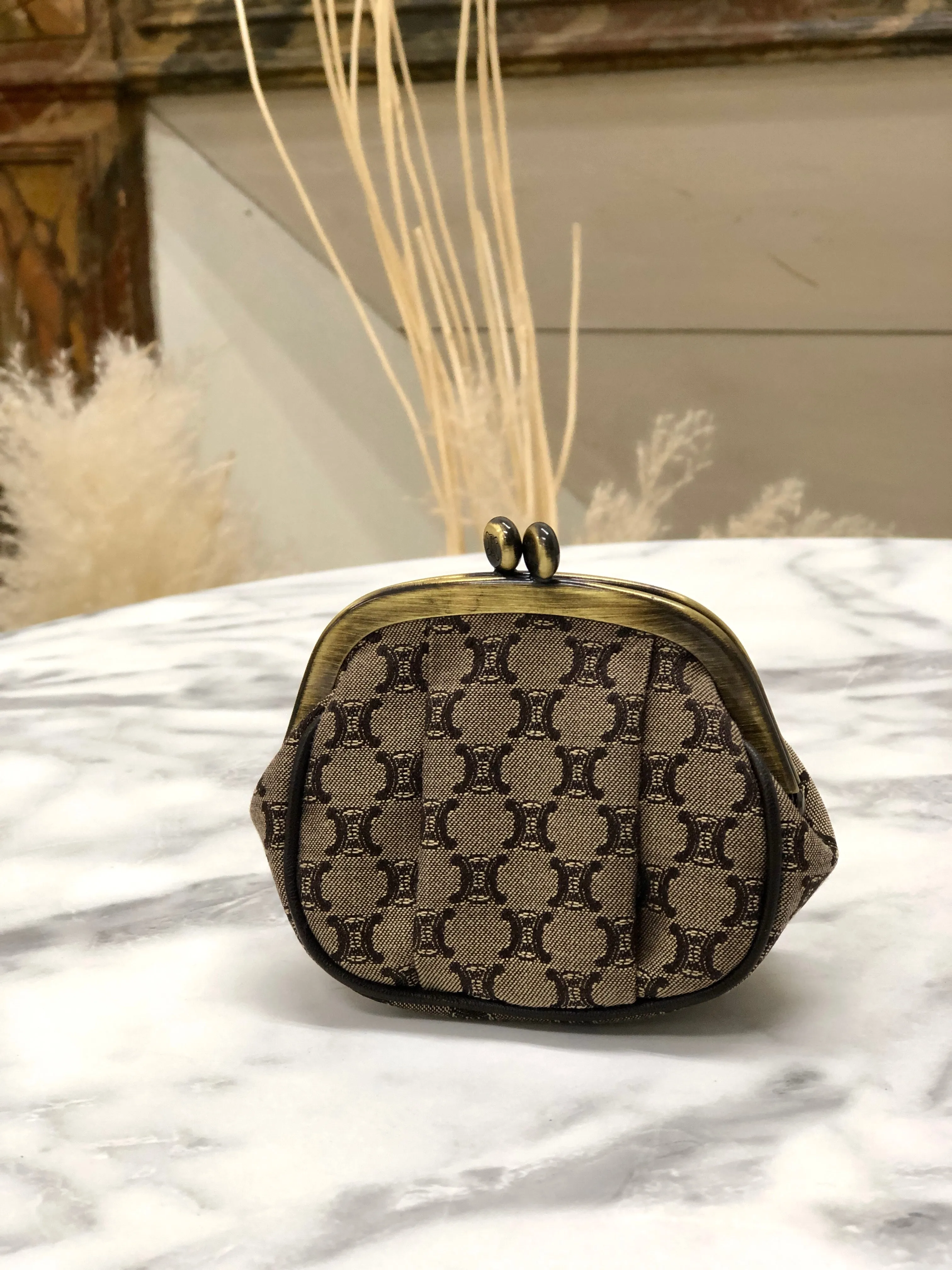 CELINE Blason Metal Clasp Jacquard Coin Purse Brown Vintage fw8fdh