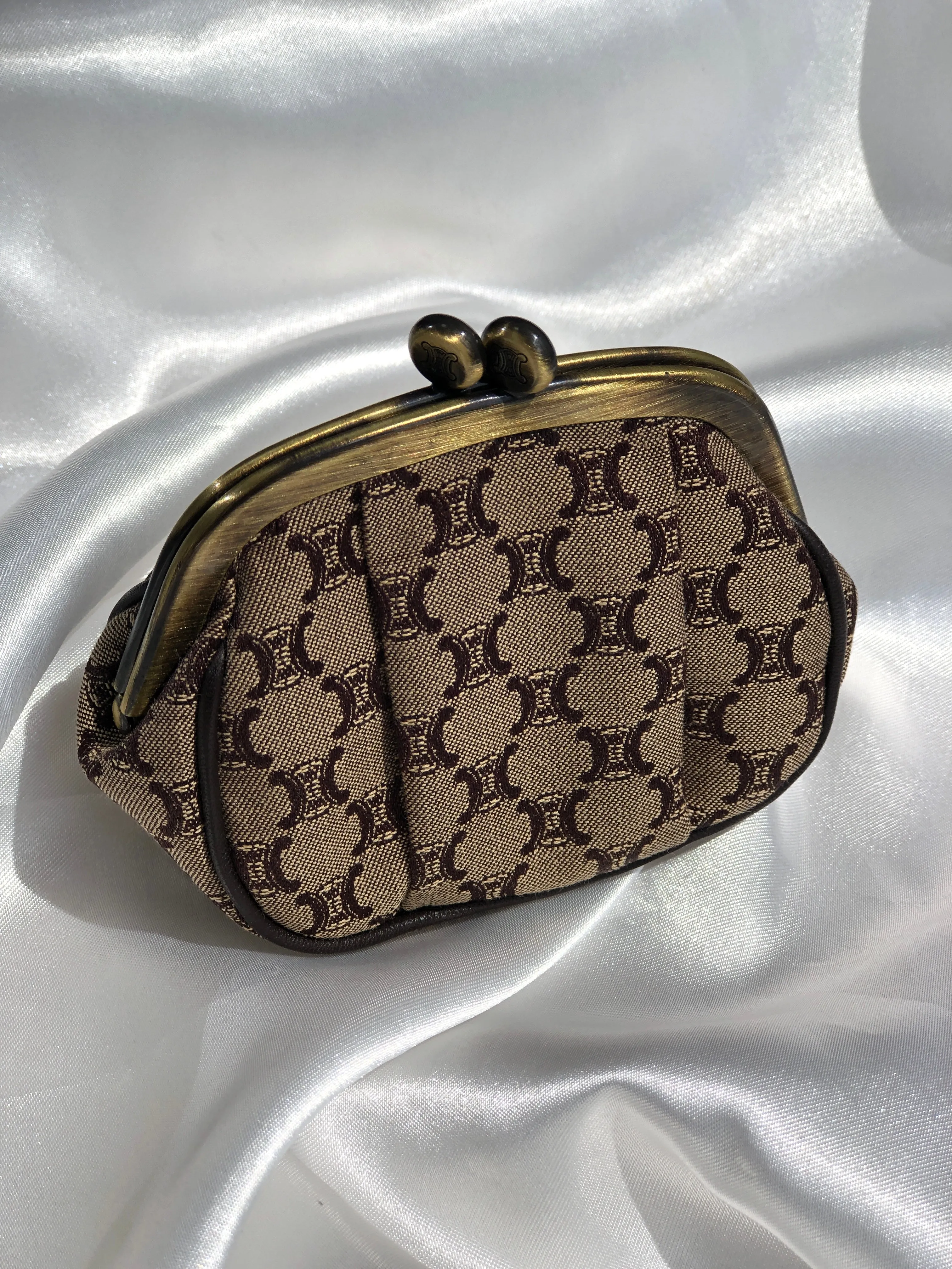 CELINE Blason Metal Clasp Jacquard Coin Purse Brown Vintage fw8fdh