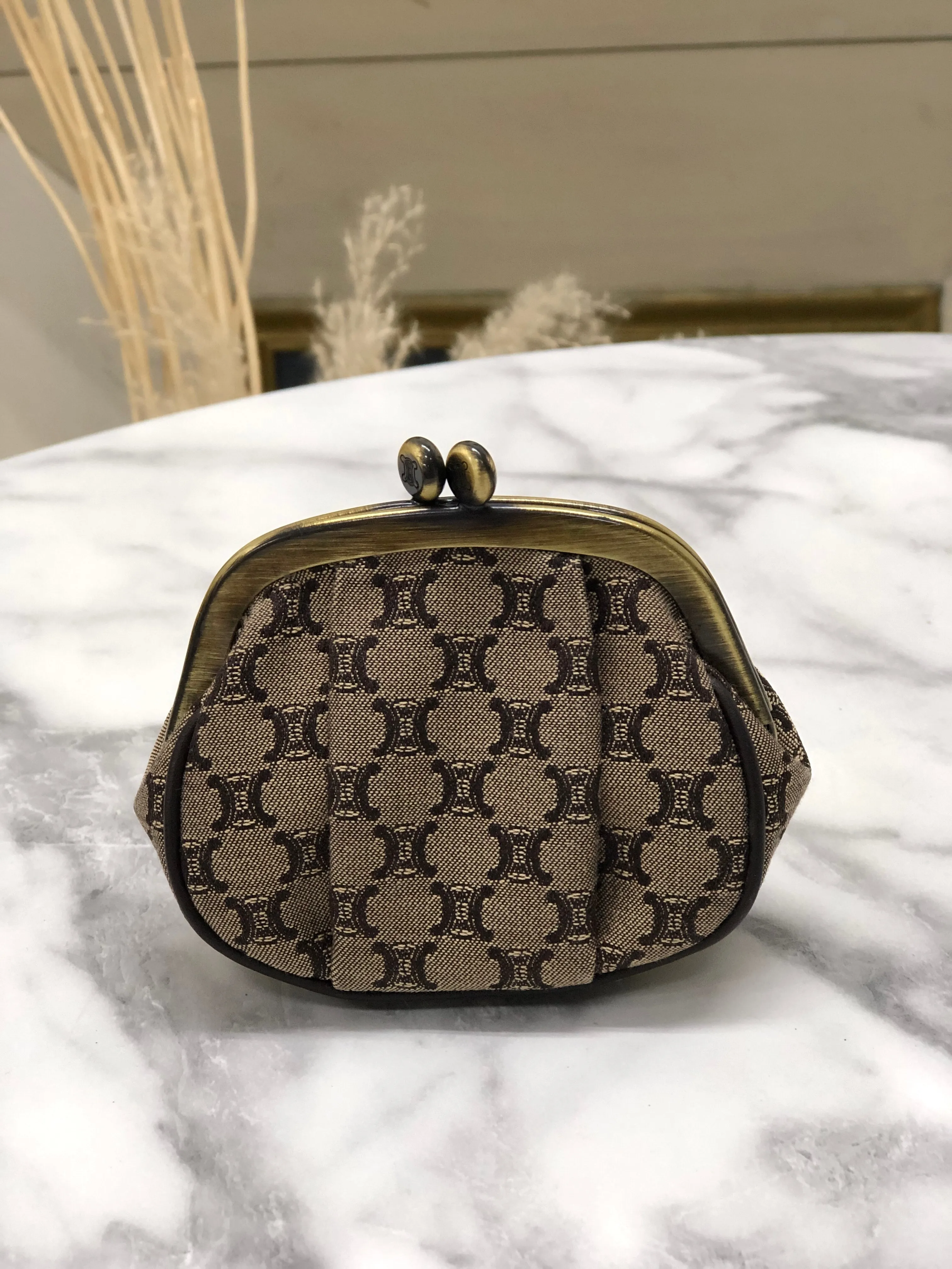 CELINE Blason Metal Clasp Jacquard Coin Purse Brown Vintage fw8fdh