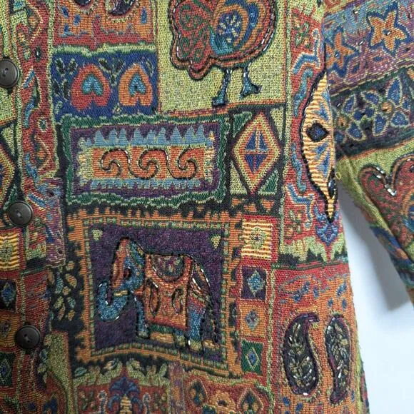 Chico's Vintage Anniversary Collection Beaded Tapestry Jacket Animals Hearts