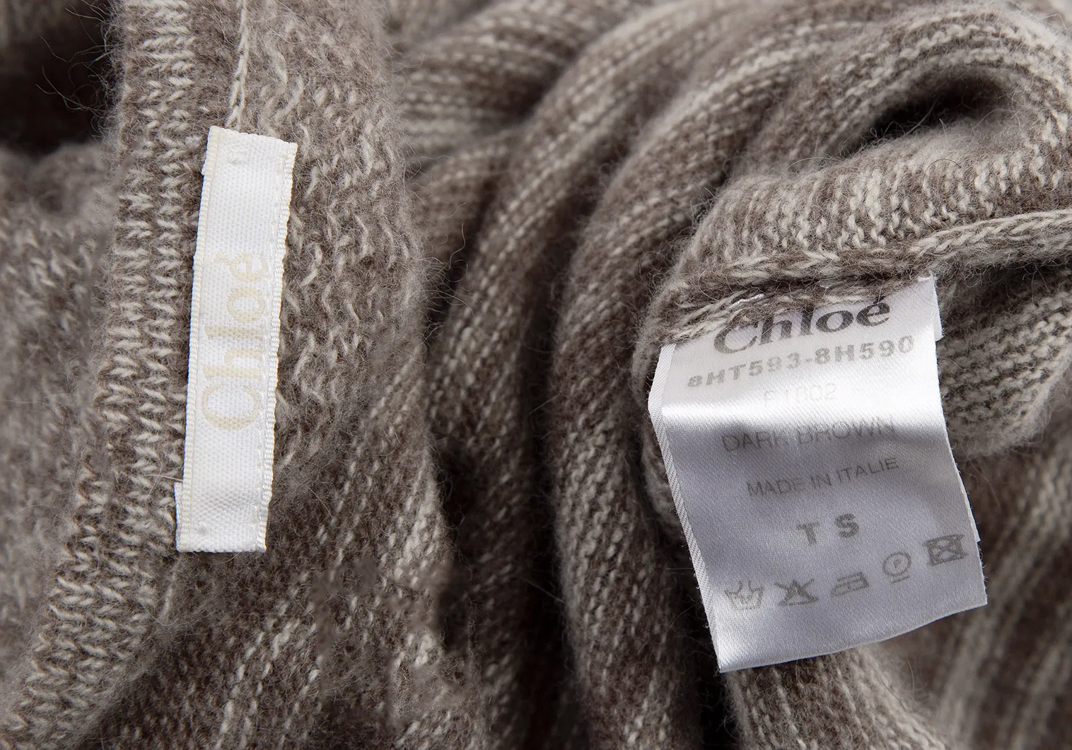 Chloe Paris. Beige Wool/Angora Knit Jacquard Knit Short Sleeve Dress
