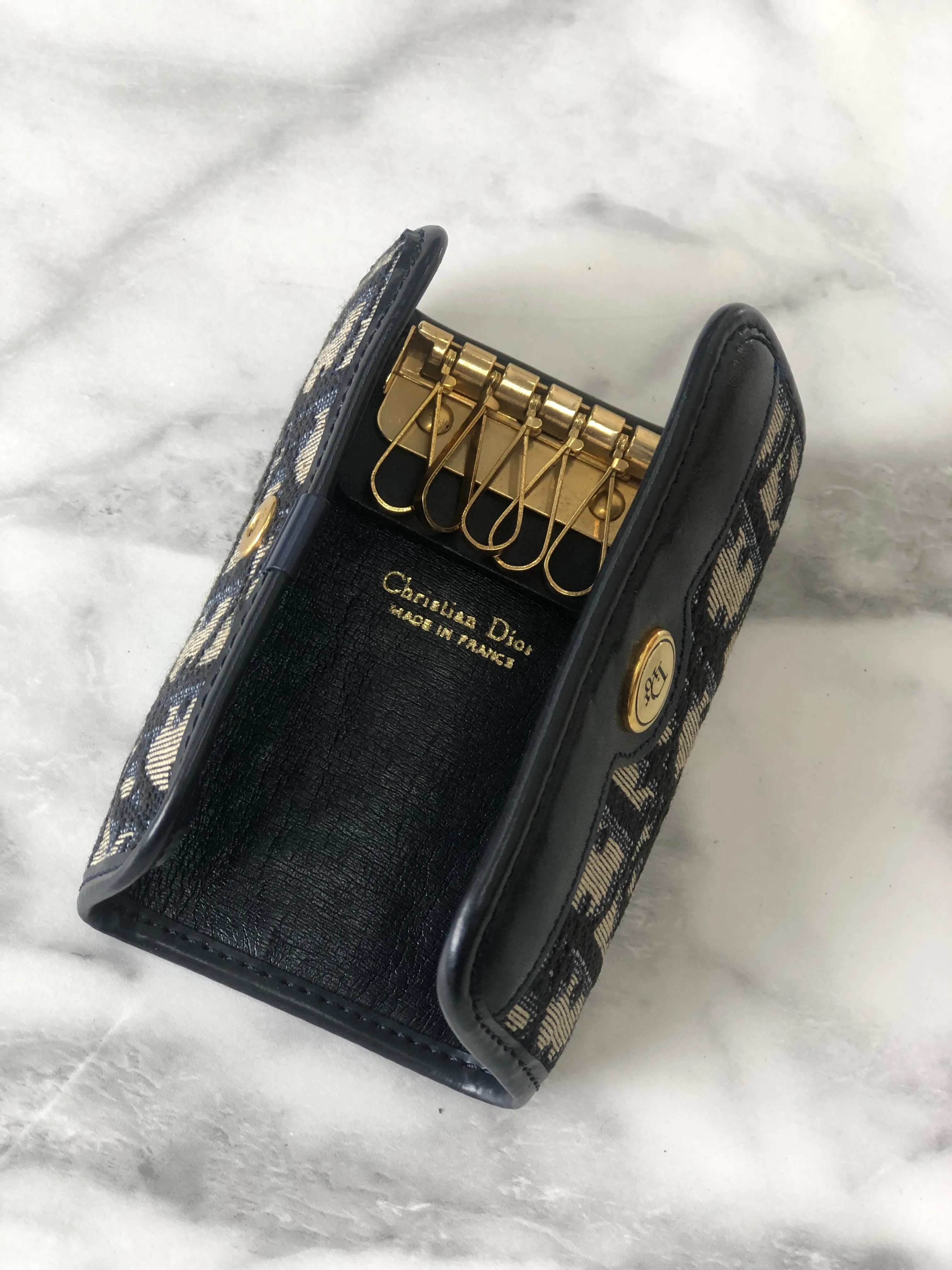 Christian Dior Trotter Jacquard Leather Key Case Navy Vintage i8hs8t