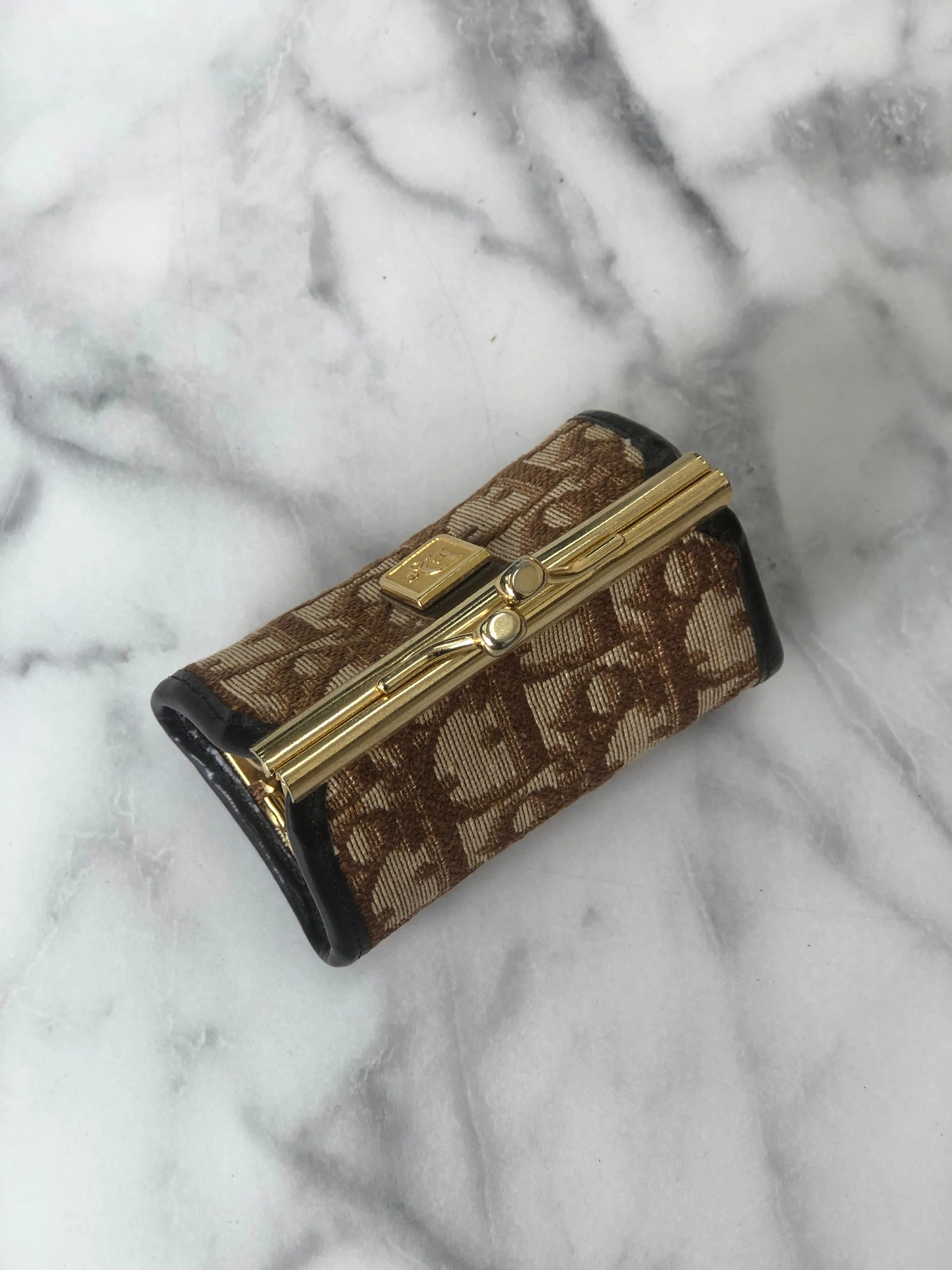 Christian Dior Trotter Jacquard Leather Metal Clasp Coin Purse Brown Vintage mcrrev