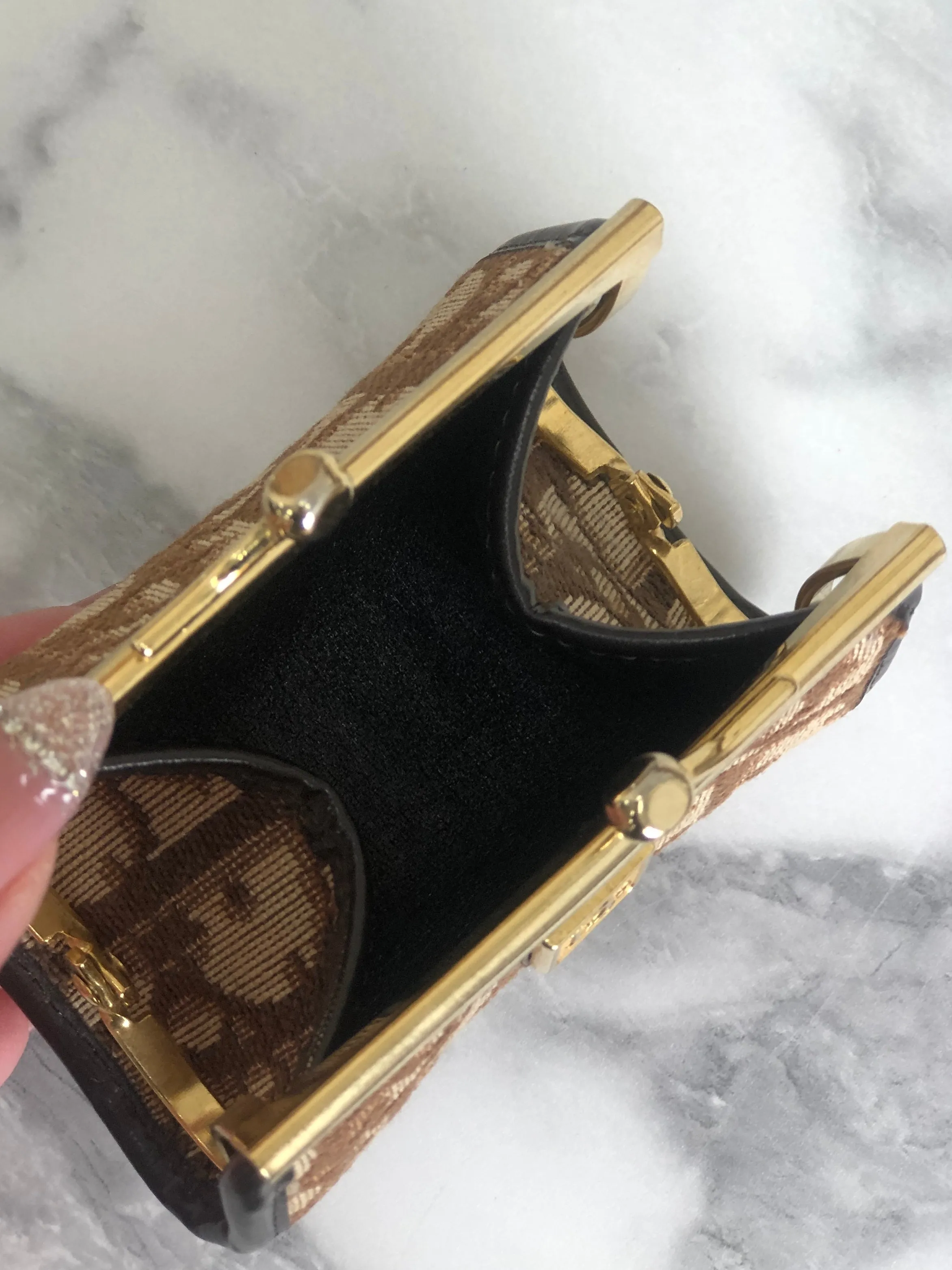 Christian Dior Trotter Jacquard Leather Metal Clasp Coin Purse Brown Vintage mcrrev