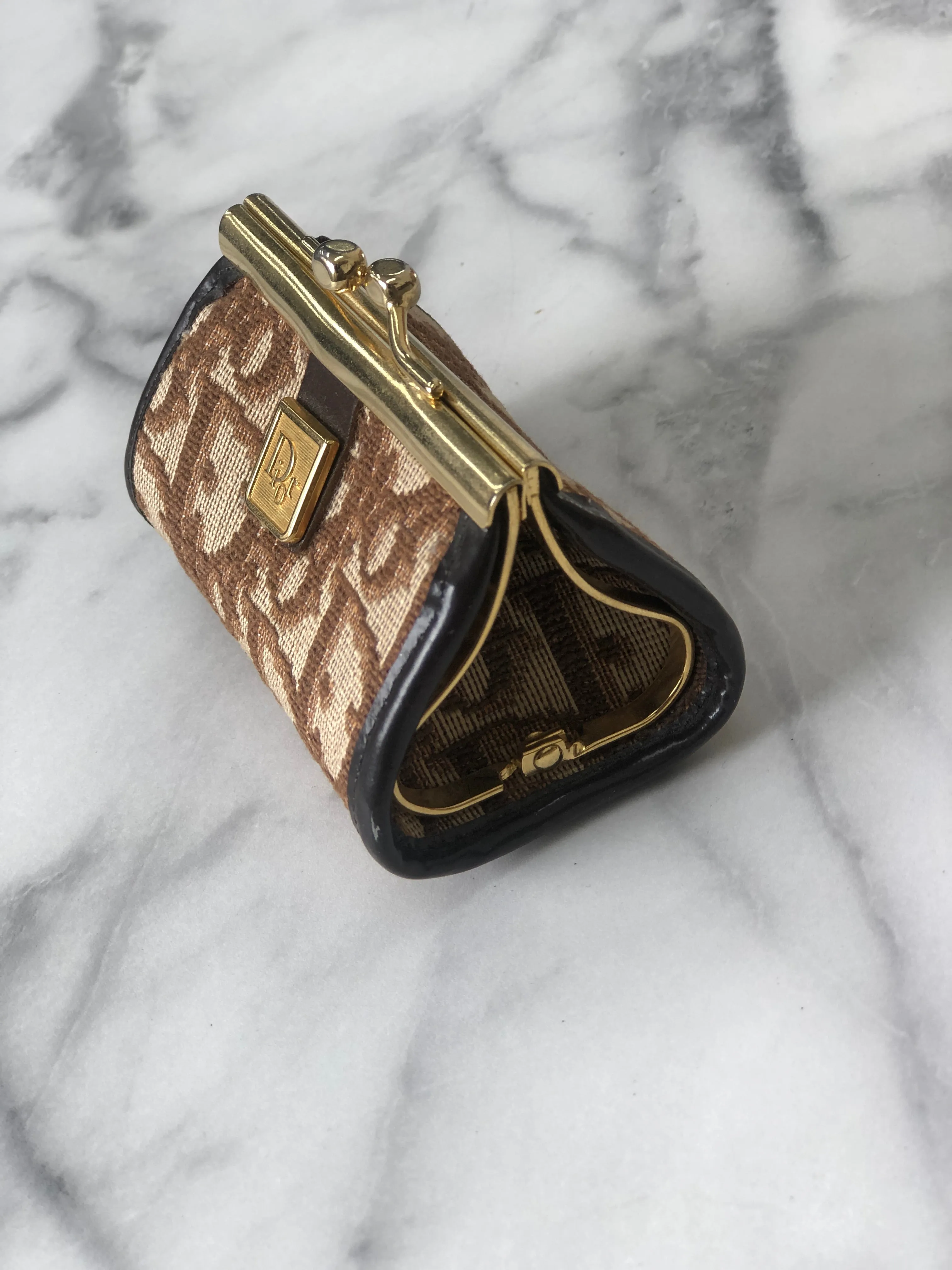 Christian Dior Trotter Jacquard Leather Metal Clasp Coin Purse Brown Vintage mcrrev