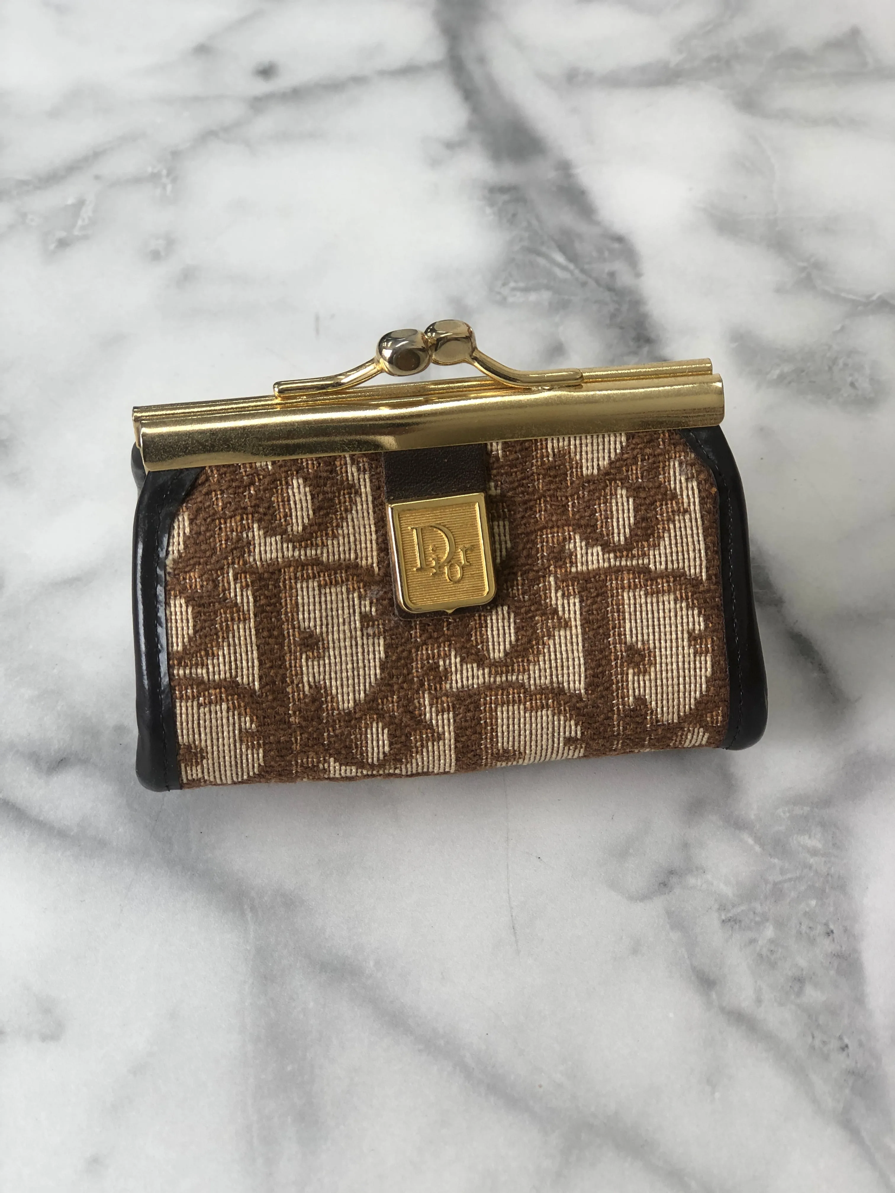 Christian Dior Trotter Jacquard Leather Metal Clasp Coin Purse Brown Vintage mcrrev