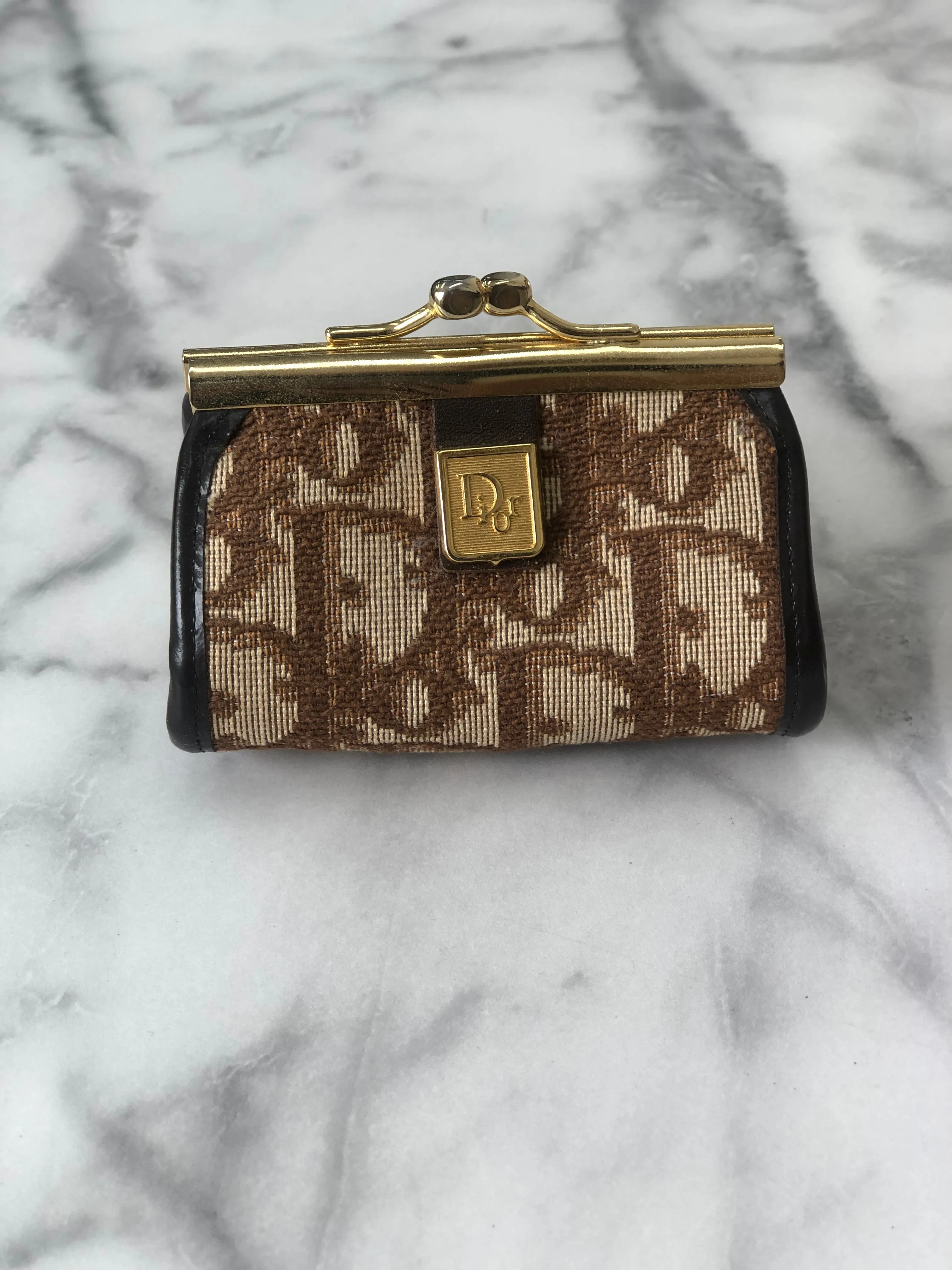 Christian Dior Trotter Jacquard Leather Metal Clasp Coin Purse Brown Vintage mcrrev