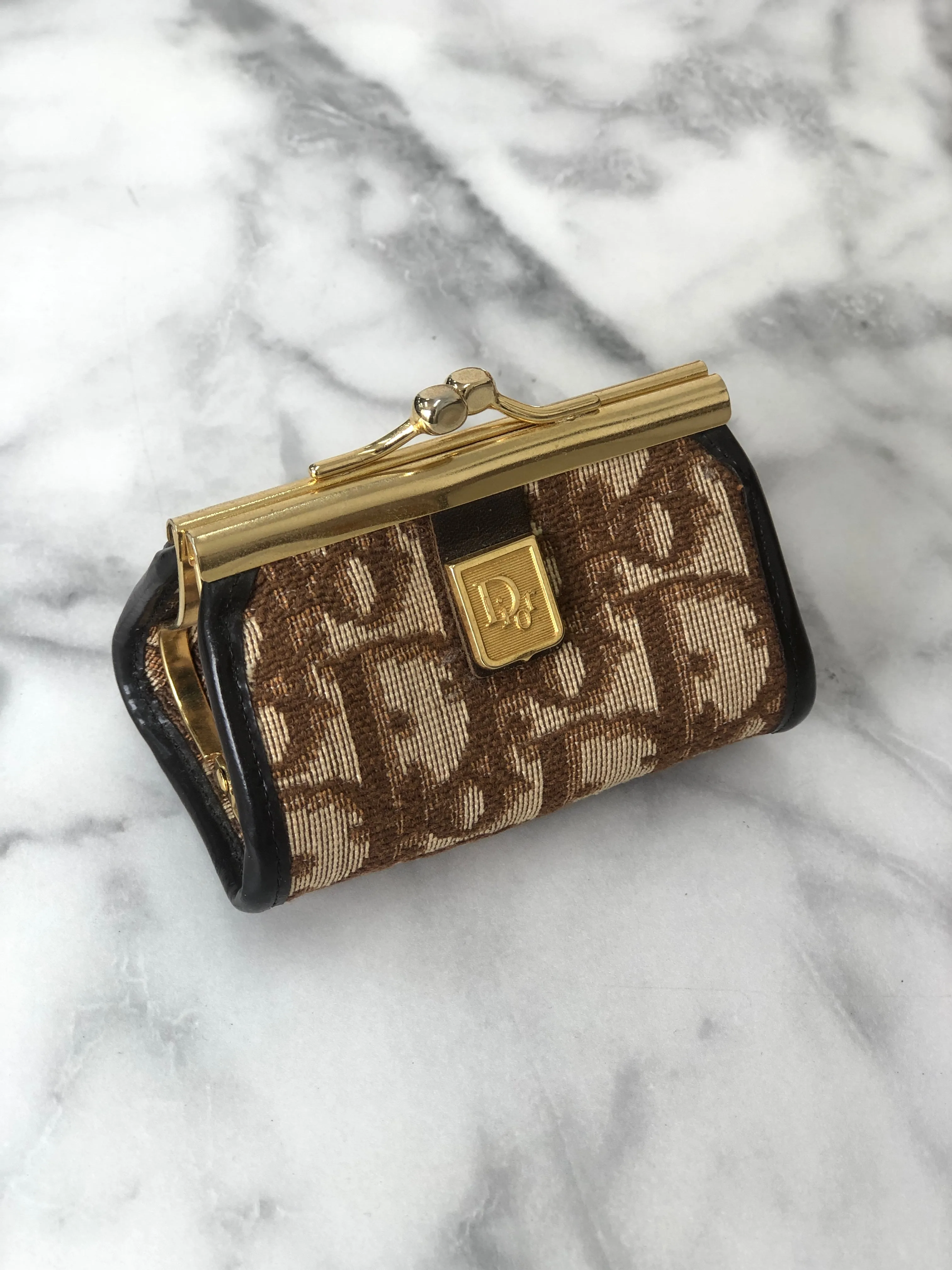 Christian Dior Trotter Jacquard Leather Metal Clasp Coin Purse Brown Vintage mcrrev