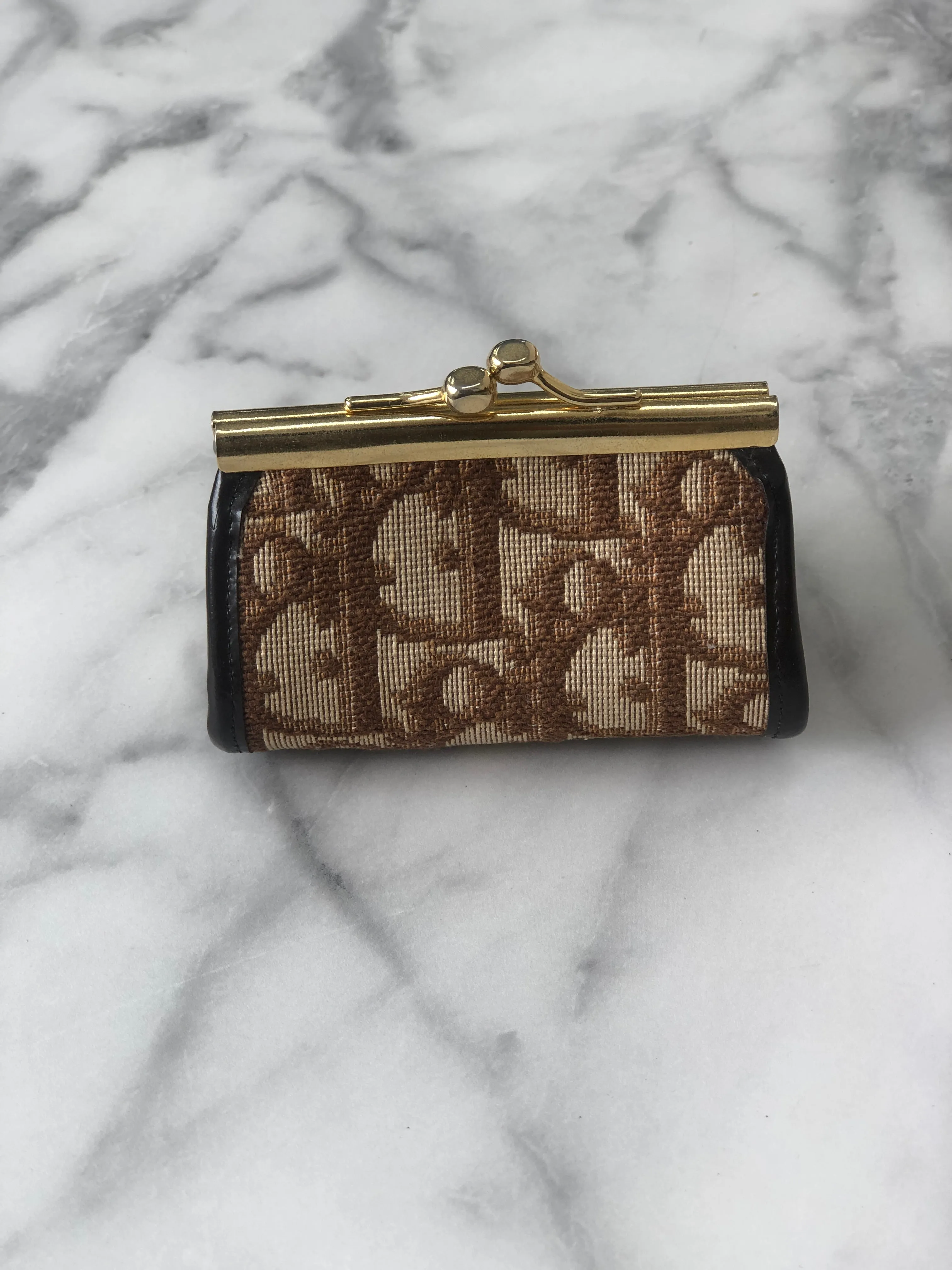 Christian Dior Trotter Jacquard Leather Metal Clasp Coin Purse Brown Vintage mcrrev
