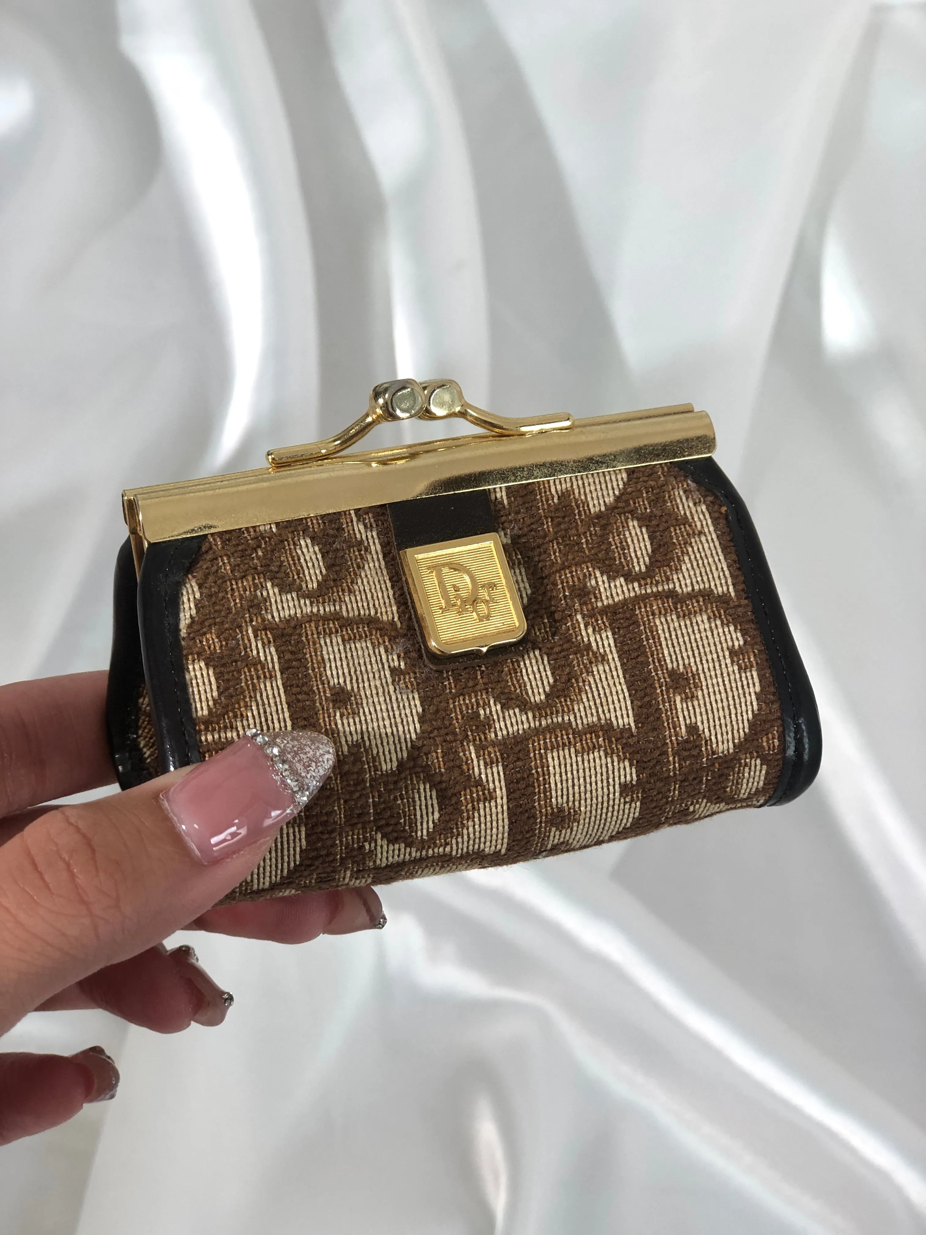 Christian Dior Trotter Jacquard Leather Metal Clasp Coin Purse Brown Vintage mcrrev