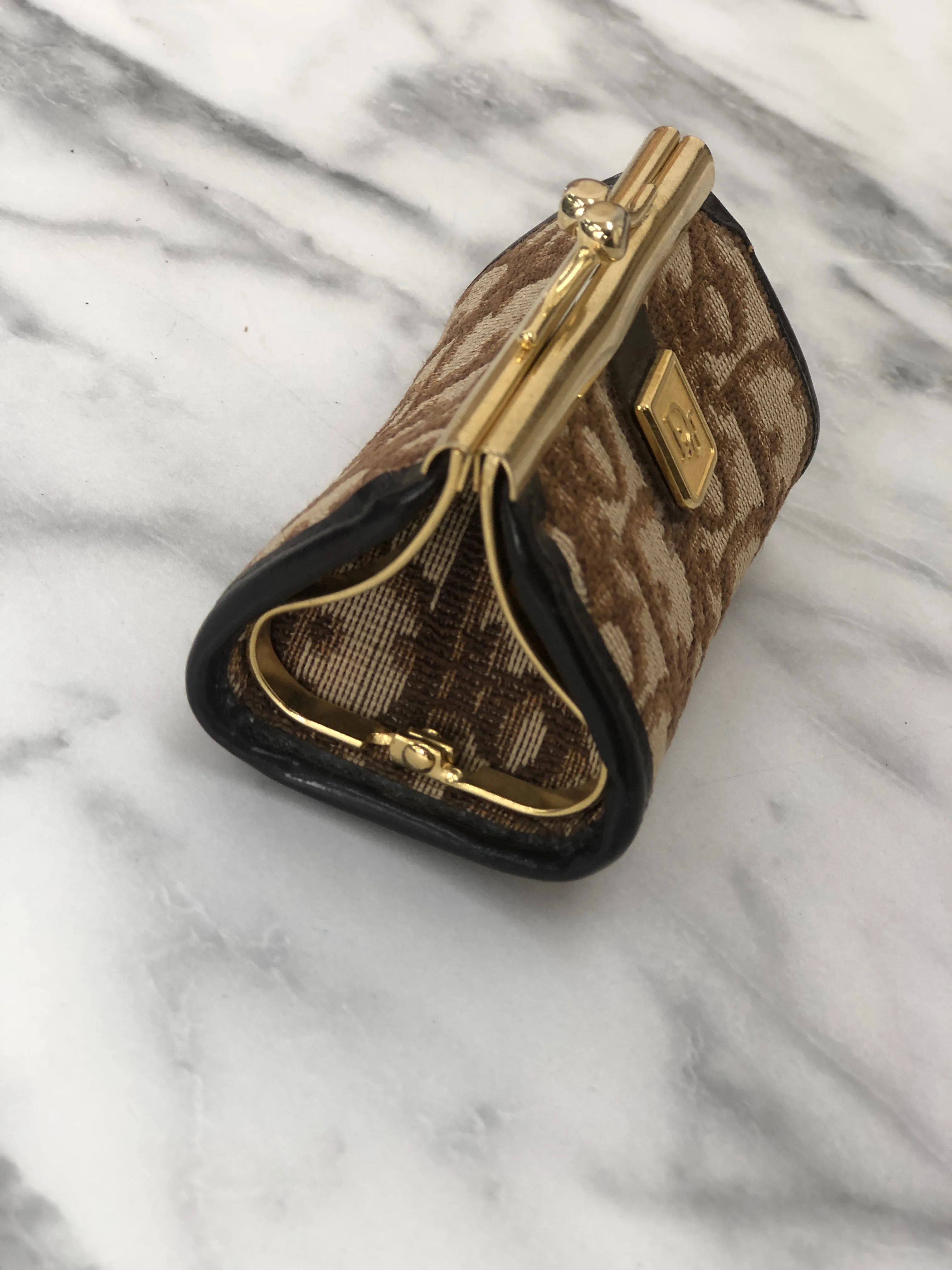 Christian Dior Trotter Jacquard Leather Metal Clasp Coin Purse Brown Vintage mcrrev