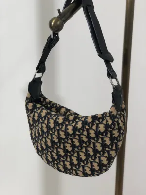 Christian Dior Trotter Jacquard Leather Shoulder bag Hobobag Navy Vintage wte43h
