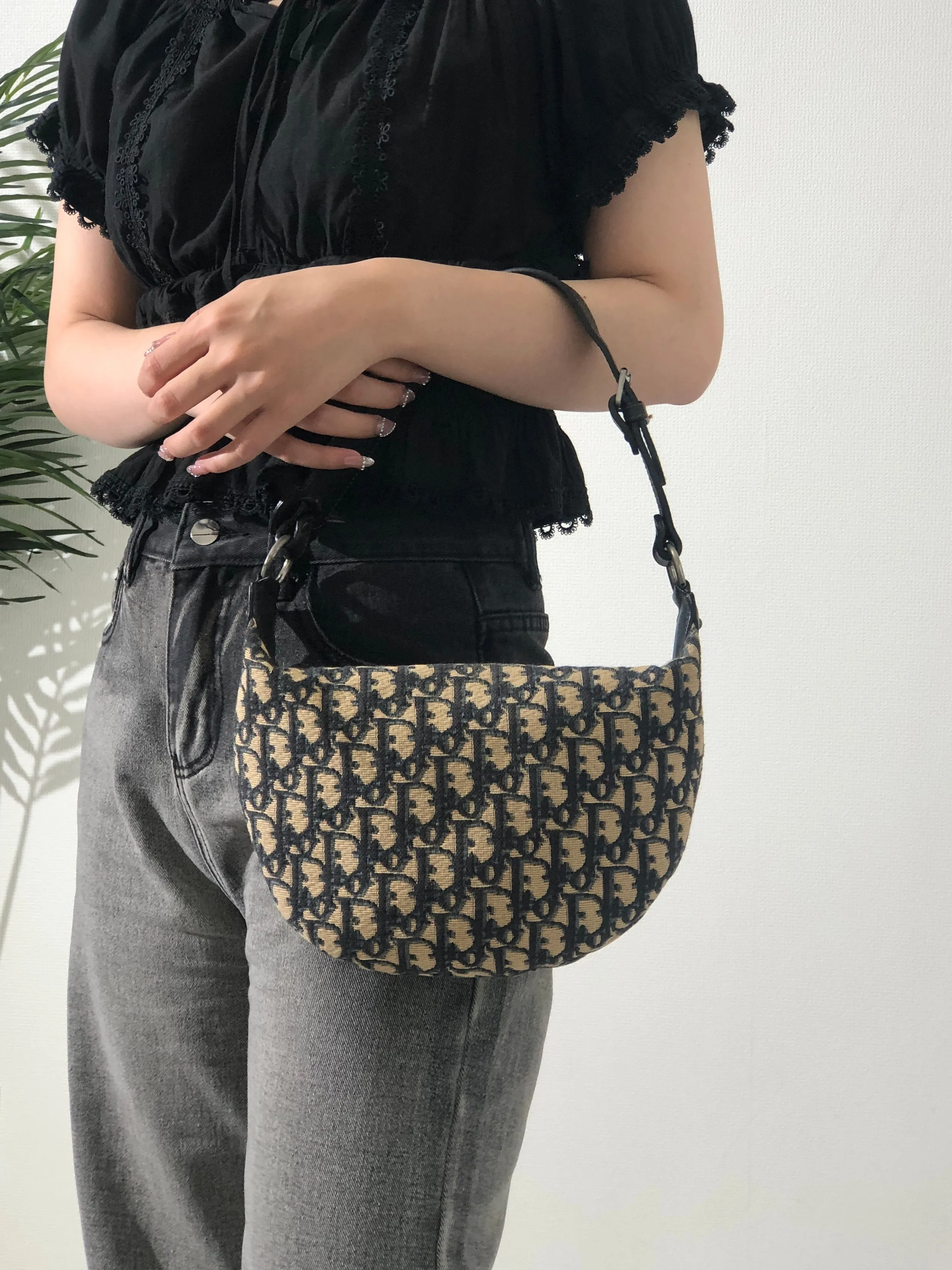Christian Dior Trotter Jacquard Leather Shoulder bag Hobobag Navy Vintage wte43h