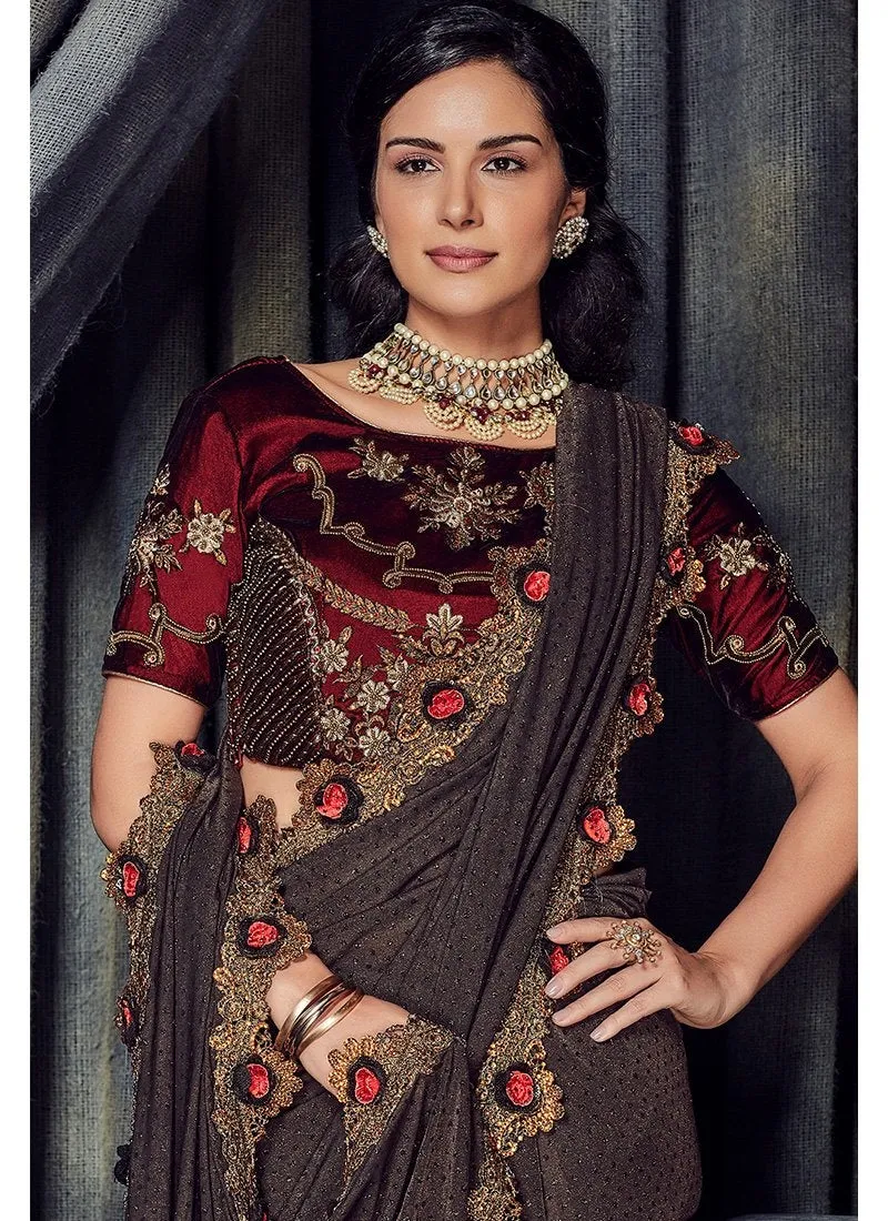 Copper And Maroon Zari Embroidered Designer Saree