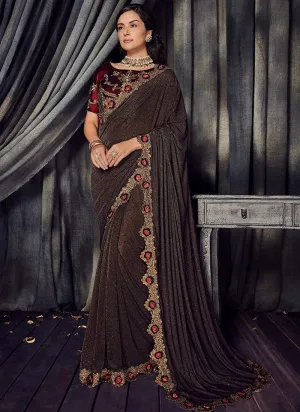 Copper And Maroon Zari Embroidered Designer Saree
