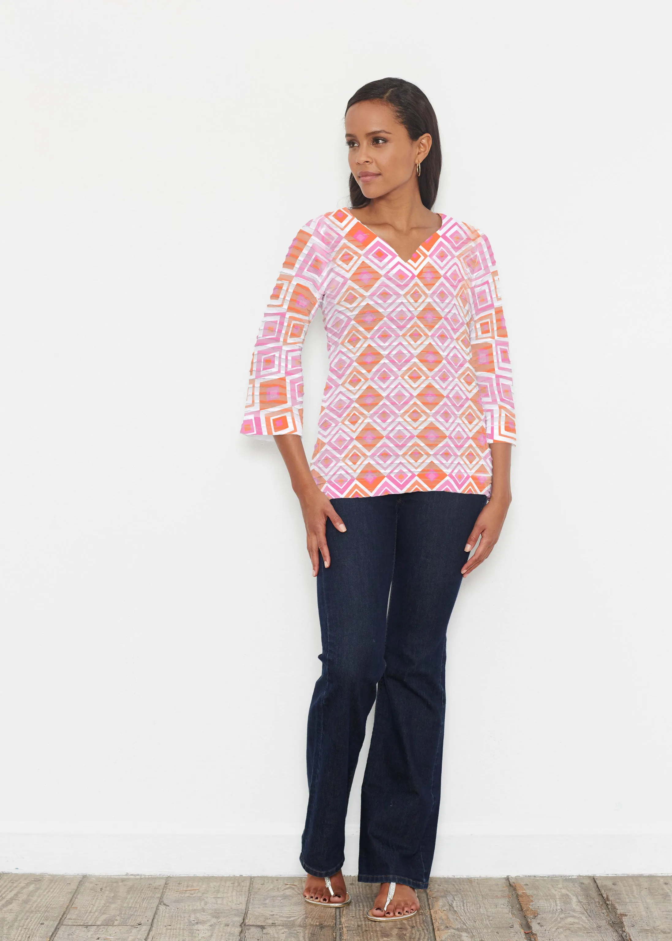 Cubed Pink (7809) ~ Banded 3/4 Bell-Sleeve V-Neck Tunic