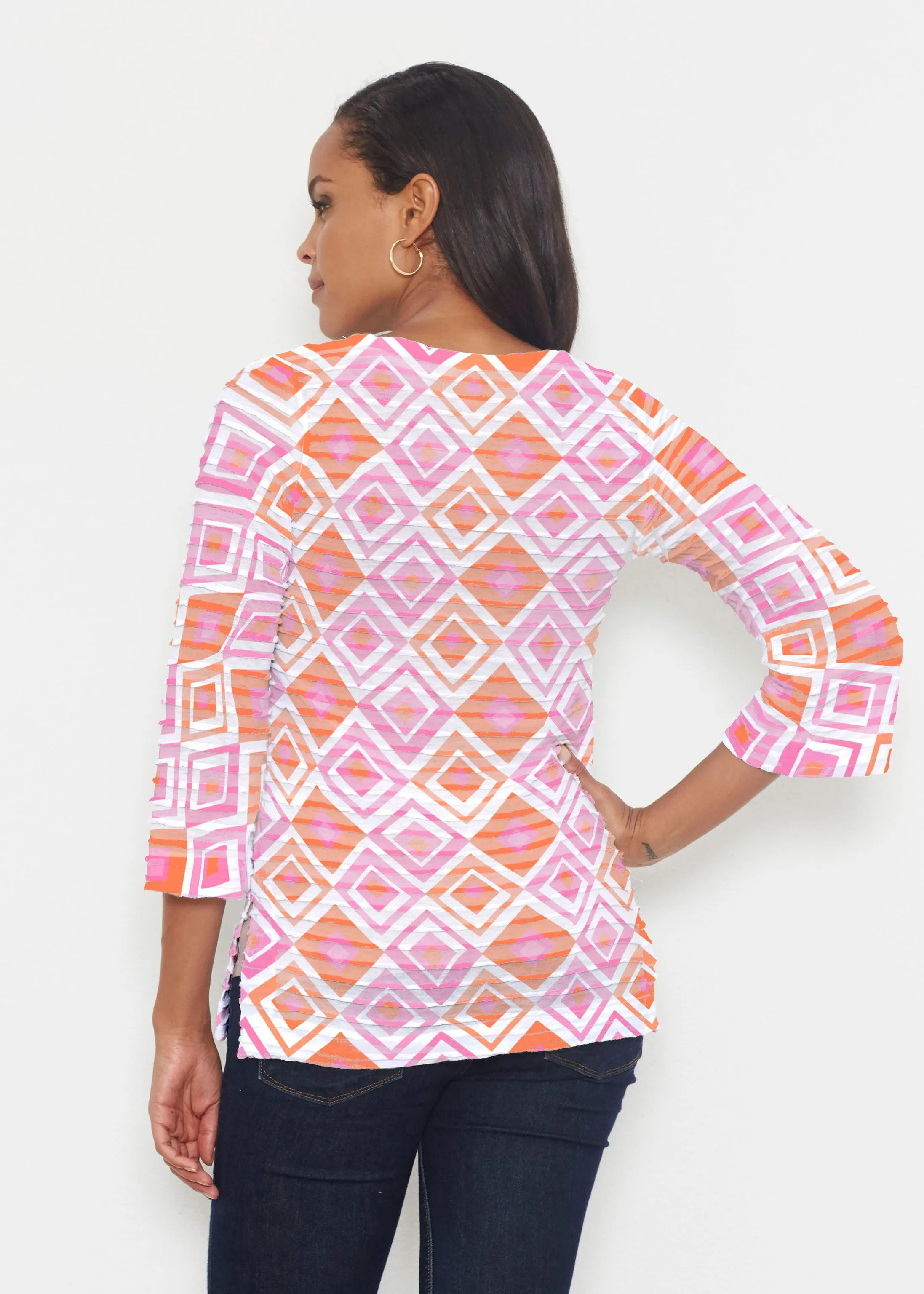 Cubed Pink (7809) ~ Banded 3/4 Bell-Sleeve V-Neck Tunic
