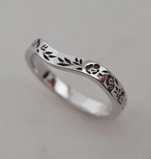 Curved thin floral wedding band, vintage style floral ring for women