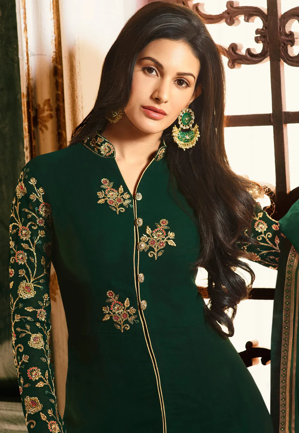 Dark Green Golden Embroidered Anarkali Pant Suit