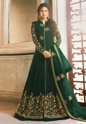 Dark Green Golden Embroidered Anarkali Pant Suit