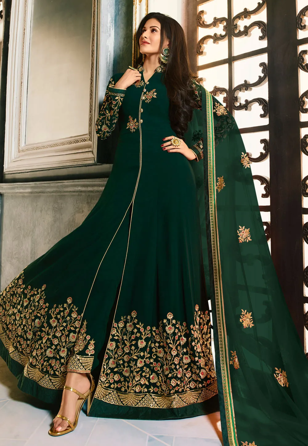 Dark Green Golden Embroidered Anarkali Pant Suit