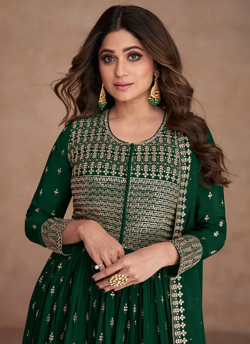 Dark Green Sequence Embroidery Anarkali Palazzo Suit