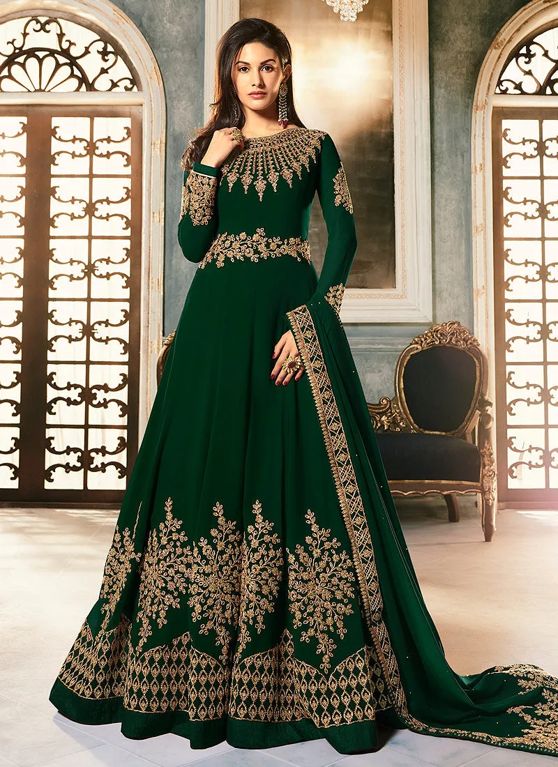 Deep Green Golden Embroidered Anarkali Suit