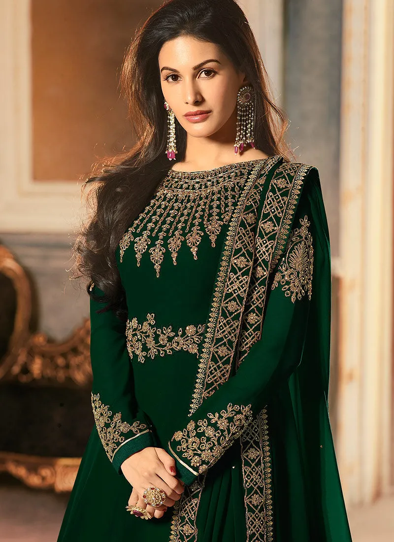 Deep Green Golden Embroidered Anarkali Suit