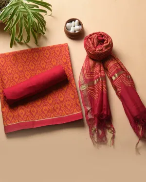 Deep Pink With Orange Chanderi Silk Patola Printed Unstitched Suit Fabric Set With Chanderi Dupatta