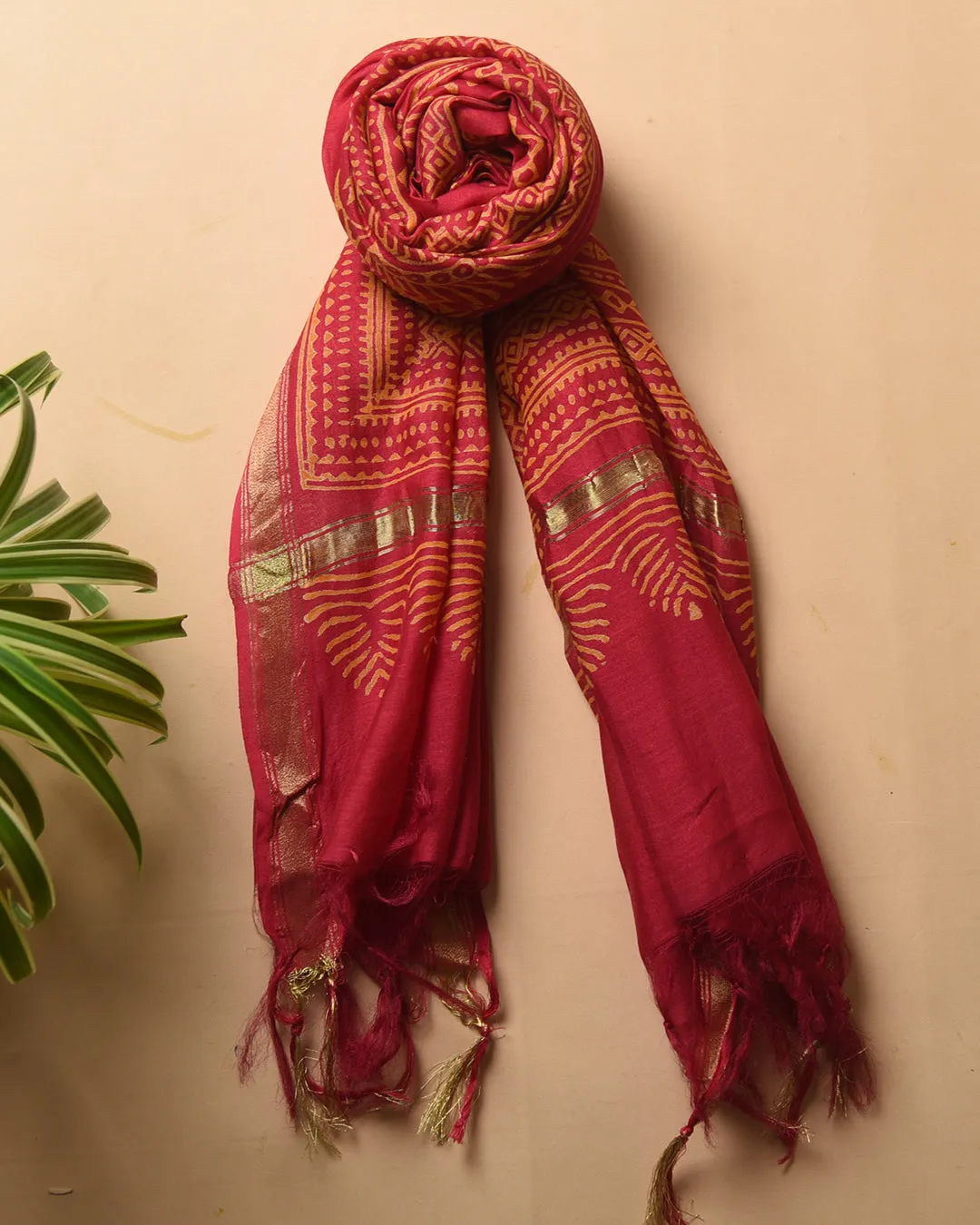 Deep Pink With Orange Chanderi Silk Patola Printed Unstitched Suit Fabric Set With Chanderi Dupatta