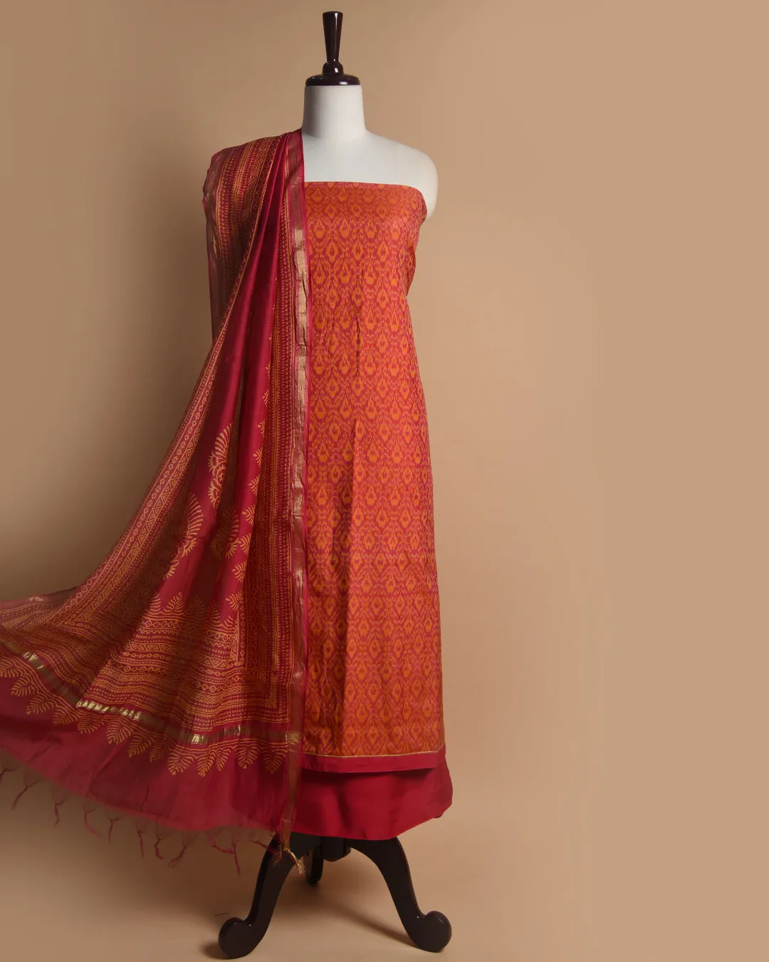 Deep Pink With Orange Chanderi Silk Patola Printed Unstitched Suit Fabric Set With Chanderi Dupatta