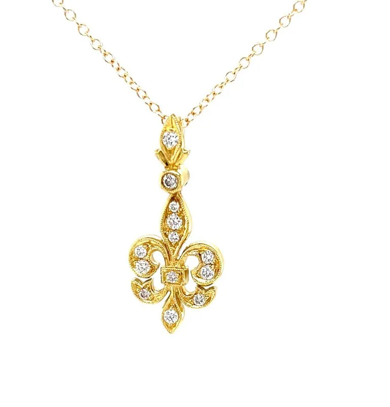 Diamond Fleur-de-Lis Pendant in 18k Yellow Gold with Adjustable Chain
