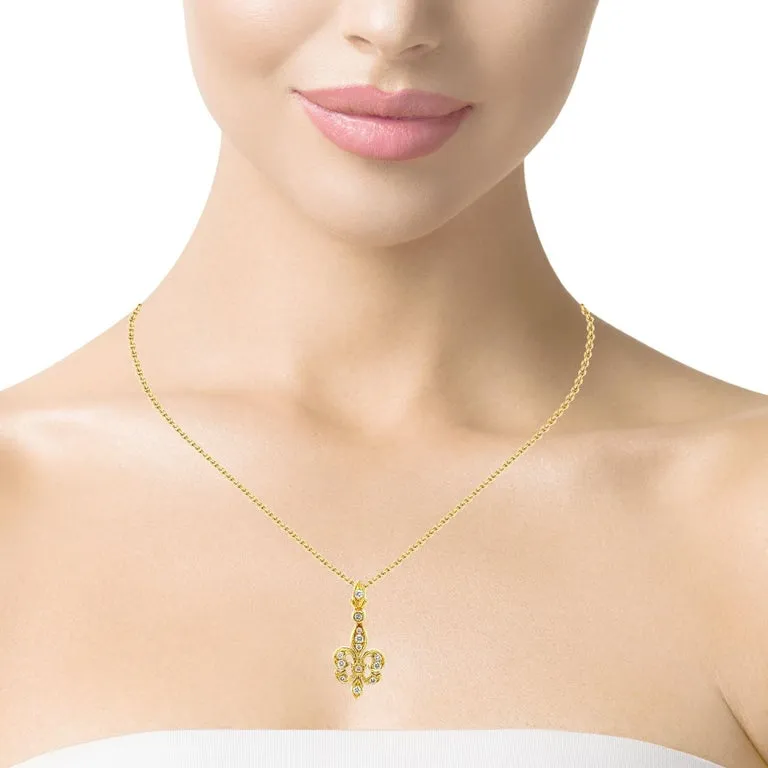 Diamond Fleur-de-Lis Pendant in 18k Yellow Gold with Adjustable Chain