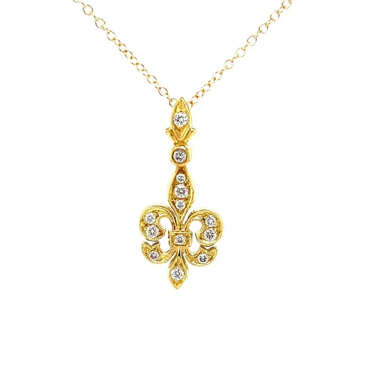 Diamond Fleur-de-Lis Pendant in 18k Yellow Gold with Adjustable Chain