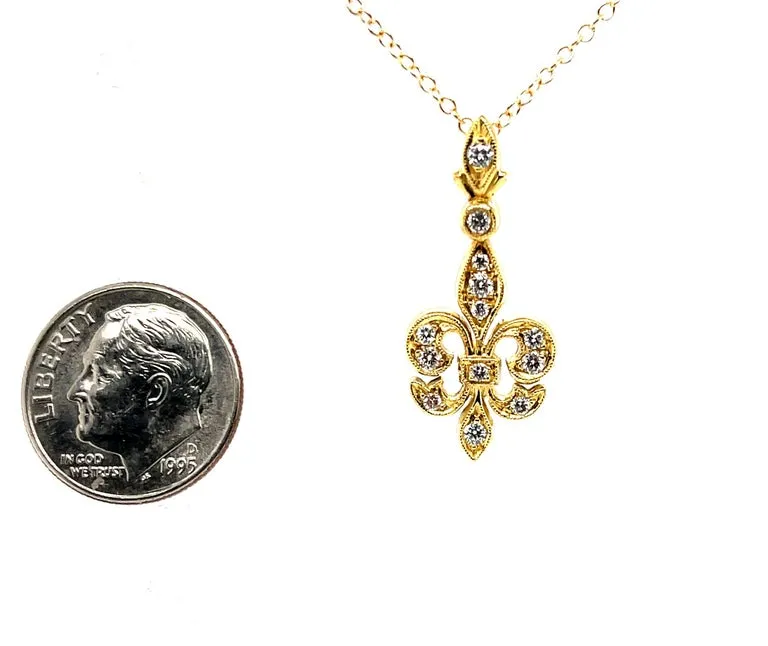 Diamond Fleur-de-Lis Pendant in 18k Yellow Gold with Adjustable Chain