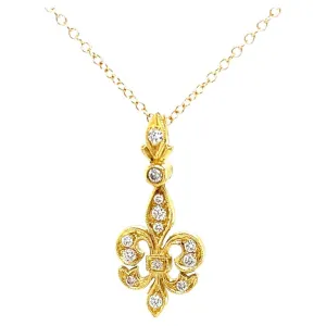 Diamond Fleur-de-Lis Pendant in 18k Yellow Gold with Adjustable Chain