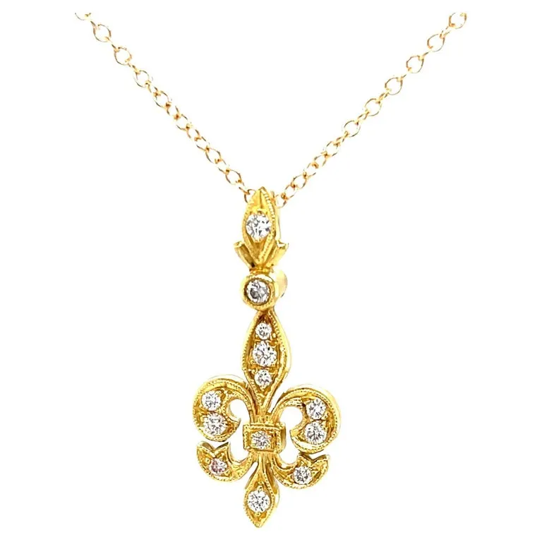 Diamond Fleur-de-Lis Pendant in 18k Yellow Gold with Adjustable Chain