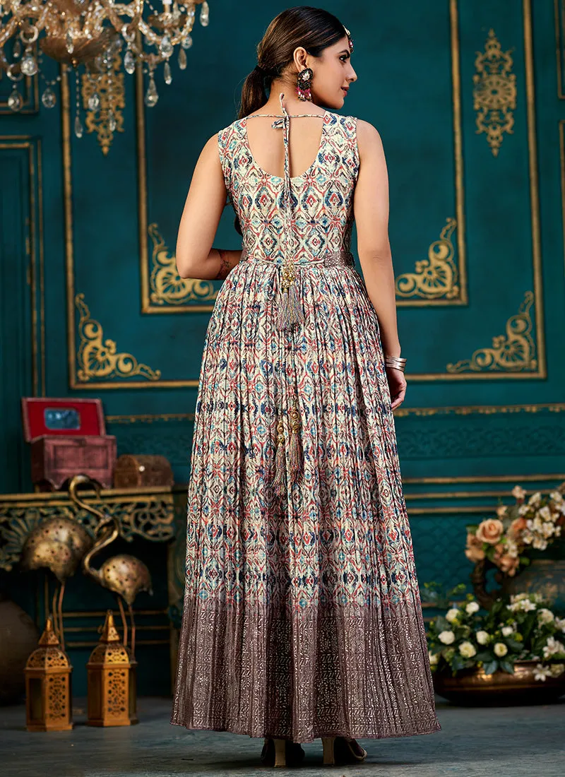 Dusky Mauve Printed Traditional Anarkali Gown