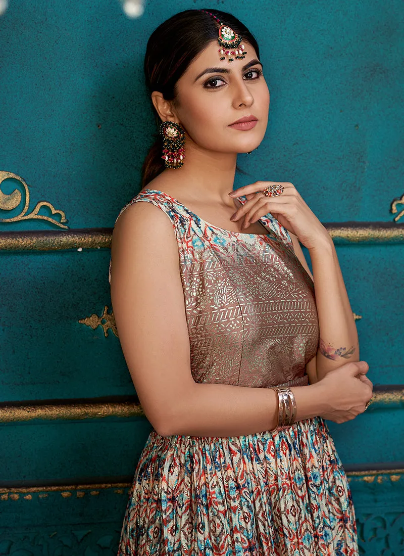Dusky Mauve Printed Traditional Anarkali Gown